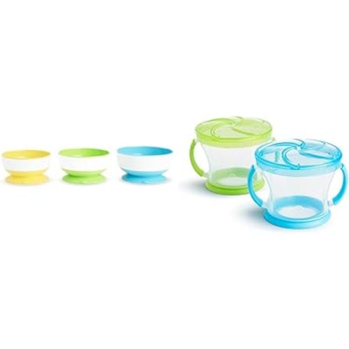 Munchkin® Stay Put™ Suction Bowls for Babies and Toddlers, 3 Pack, Blue/Green/Yellow & ® Snack Catcher® Toddler Snack Cups, 2 Pack, Blue/Green