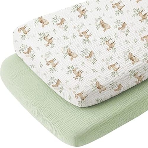 Konssy 2 Pack Muslin Bassinet Sheets for Baby Boy, 100% Cotton Soft Breathable Bassinet Mattress Sheets Fit for Hourglass Oval Cradle Rectangle Mattress (Woodland,Sage)