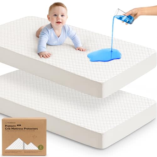 Waterproof Crib Mattress Protector Cover Fitted - 2-Pack Quiet Baby Mattress Topper Crib Sheets, 52" x 28" Quilted Cotton Toddler Baby Pad Sheet Liner, Easy Fit, Durable (Soft White/Quin)