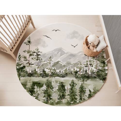 Mountains rug, Pine tree and mountains round rug, Forest nursery decor, Woodland nursery, Rug for kids Area rug for boys room, Into the wood