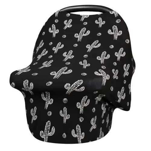 Metplus Baby Car Seat Cover, Infant Carseat Canopy, Nursing Breastfeeding Cover, Stretchy Carrier Covers for Stroller/Shopping Cart, Newborn Registry & Shower Gift for Boys Girls - Black Cactus