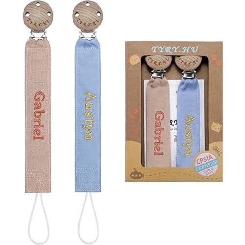 TYRY.HU Personalized Pacifier Clip with Name, Embroidery Ribbon Pacifier Holder for Baby Girls and Boys, Neutral Pacifier Leash Universally Fit All Pacifiers & Baby Toys, 2 Pack Baby Gift(Khaki, Blue)