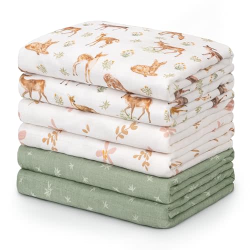 GLLQUEN BABY Muslin Swaddle Blankets 6 Pack, Soft Cotton Baby Swaddle, Breathable Receiving Blanket for Newborn Boys Girls, Multipurpose Nursing Cover & Stroller Sun Shade, Deer Pattern