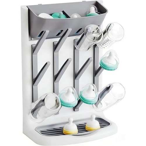 Vertical Baby Bottle Drying Rack, Space Saving Bottle Dryer Rack for 12 Bottles, Fast Drying Large Baby Bottle Holder Storage Station for Pacifiers,Pump Accessories Stand, BPA Free, Grey