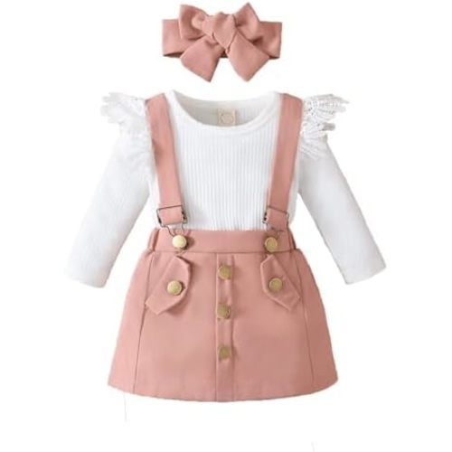 BRICUTESK Baby Girl Clothes toddler fall outfit Ruffles long sleeve Romper+suspender skirt dress+ DIY Headband 3pcs