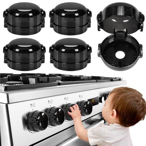 Stove Knob Safety Covers, Dual Grip Safety Shield, Unlock with Adult Thumb and Middle Finger, Press Gas Stove Knob Locks, Creative Oven Lock Knob Covers for Child Safety, Black Color, Pack of 5