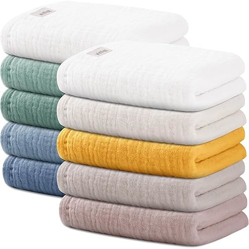 Wimist 10 Pack Baby Washcloths, Baby Muslin Washcloths, Wash Cloths for Baby, Baby Face Cloths, Suitable for Newborns, Children, 10 x 10 inches (A)
