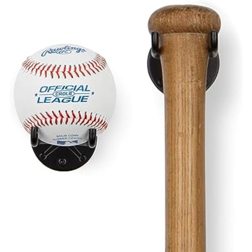 Wallniture Sporta Baseball Holder, Baseball Bat Wall Mount Display Stand for Man Cave Decor, Sports Memorabilia Ball Storage Rack Set of 2 Black