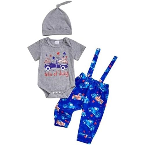 BeQeuewll Summer Newborn Baby Boy 3PCS Clothes Infant Short Sleeve Romper Suspender Pants Overalls Hat Set Coming Home Outfit