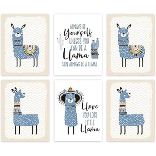 Andaz Press Llama Theme Nursery Kids Room Unframed Hanging Wall Art Poster Home Decor, 8.5x11-inch, Boy Blue Tan, Love You Lots Little Llama, 6-Pack, No Frames, Alpaca