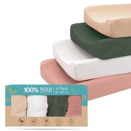 100% Muslin Changing Pad Cover Pack of 4-32x16 Ultra Soft 120GSM Baby Changing Pad Covers for Girls and Boys - Easy wash Diaper Changing pad Cover with Low Shrinkage - 4 Pack - White/Sage Green/Beige/Sand