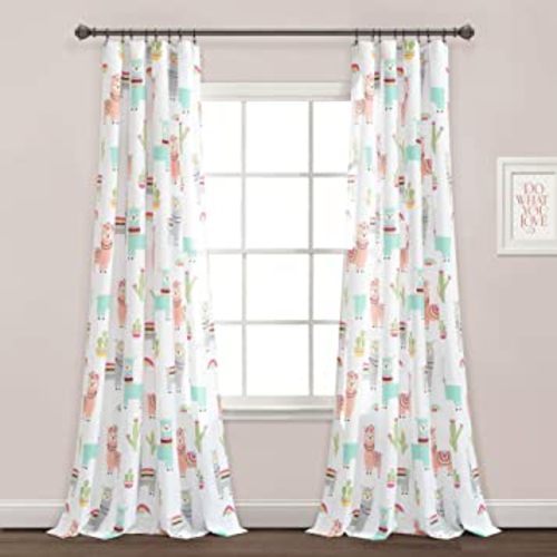 Lush Decor Southwest Llama Cactus Window Curtain Panel, Pair, 52" W x 84" L, White & Blush - Cute Colorful Boho Curtains for Kids Room
