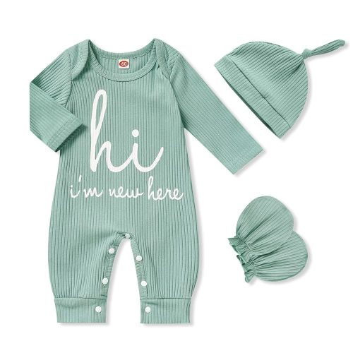 GRNSHTS Newborn Baby Boy Romper Coming Home Outfits Letter Print Bodysuit Jumpsuit+Hat+Gloves 3PCS Clothes Set