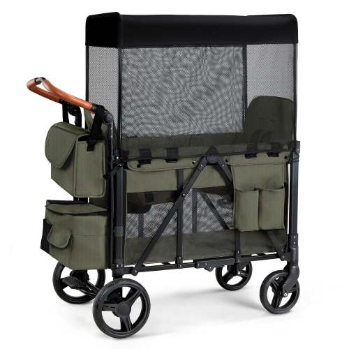 Matladin Wagon Stroller for 2 Kids, Foldable All-Terrain Wagon for Toddler with Canopy, 5 Point Harness, Adjustable Handlebar, Shoulder Bag, Green