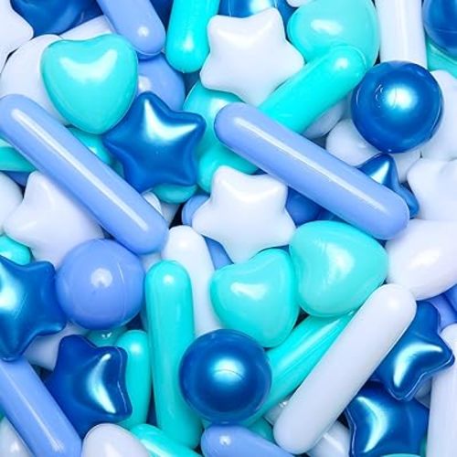 STARBOLO 150 Pcs Ball Pit Balls - Blue, Stars, Hearts, Strips for Baby Toddler Pool Party Decoration
