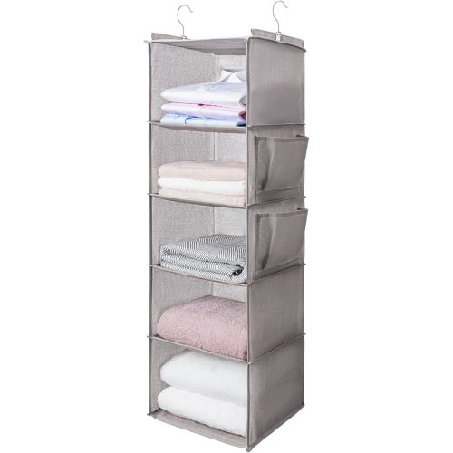 BOOMIBOO Hanging Closet Organize and Shelves，5-Hanging Shelf with 2 Side Pockets，Storage Foldable （Light Grey）