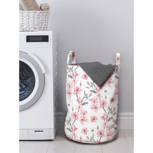 East Urban Home Ambesonne Watercolor Laundry Bag, Vintage Japanese Garden Flourishing Sakura Cherry Branches, Hamper Basket With Handles Drawstring Closure For Laundromats, 13" X 19", Reseda Green Pale Pink | Wayfair