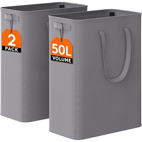 Lifewit 2 Pack Slim Laundry Hamper, Collapsible Narrow Laundry Basket, Small Tall Dirty Clothes Hampers with Handles for Bathroom Bedroom College Dorm, Grey, 50L