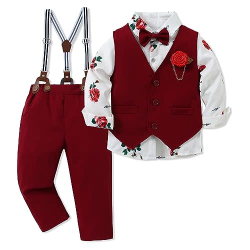 WESIDOM Toddler Boy Clothes Suit Formal Dress Shirt+Bowtie+Vest+Boutonniere+Suspender Pants Boys Gentleman Outfits Set