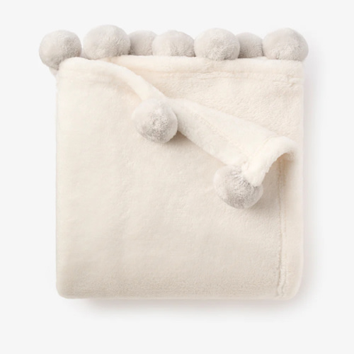 Pale Gray Pom Trim Fleece Baby Stroller Blanket – Elegant Baby