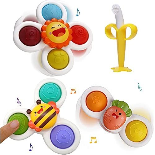 Sruinchla Suction Cup Spinner Toys with Baby Toothbrush，4PCS Baby Sensory Toys for 1 2 Year Old Boy Gifts，Dimple Fidget Toys for Baby Bath，Top Early Learner Gift for ADHD Anxiety Autism Toddlers