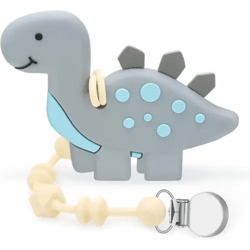 Baby Teething Toys for Babies 0-24 Months, Dinosaur Teether Pain Relief Toy with One Piece Design Pacifier Clip Holder Set, Freezer Safe Neutral Shower Gift for Boys and Girls (Gray)