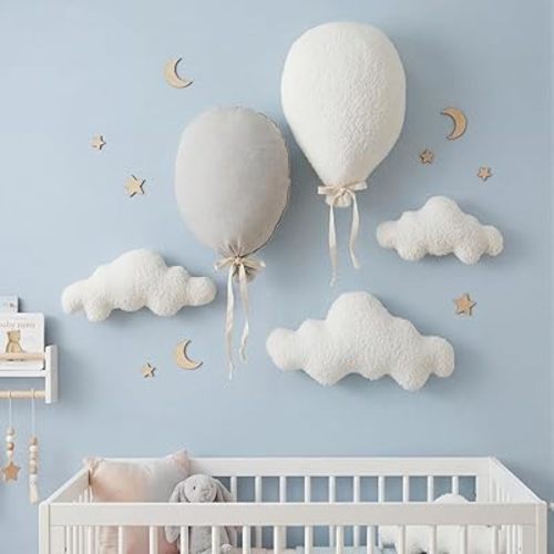 Kathfly 5 Pcs Cloud Balloon Baby Nursery Decor Set Artificial Fabric Fake Clouds Wall Decor Mini 3D Linen Balloon Felt Wall Hanging Decoration for Nursery Room Bedroom Baby Shower Party Gift