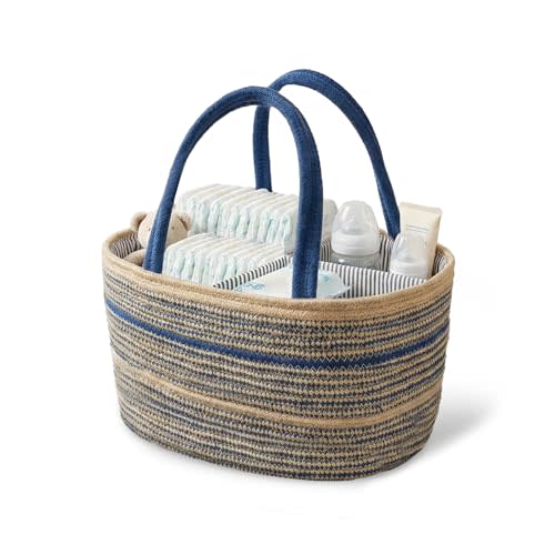 ZOES HOMEWARE Sapphire Blue Diaper Caddy Organizer, Jute Woven Baby Basket, Baby Caddy Nursery Storage Organizer, Shower Gifts for Newborn, Hand Woven Crafted (Brown&Blue),14.2"x 8.7"x7.1”