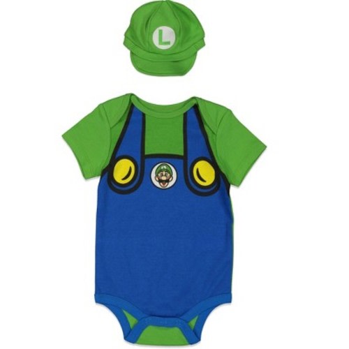 SUPER MARIO Nintendo Mario Luigi Baby Bodysuit and Hat Set Newborn to Infant, Color: Green, Size: 6-9 months