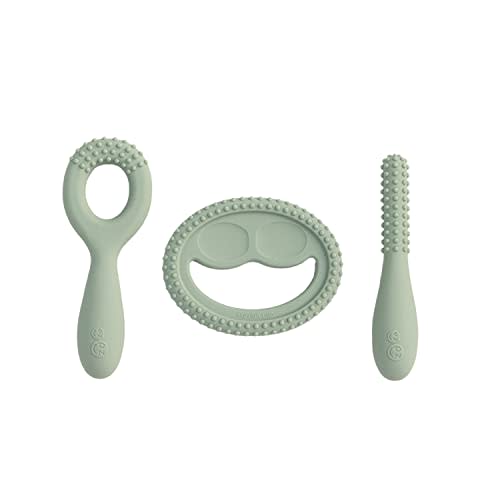 ezpz Oral Development Tools (3 Pack in Sage) - Non-Slip Loop, Smile and Stick, 100% Silicone Tools to Practice Feeding + Chewing - Sensory Bumps - Dishwasher Safe - 3 Months+