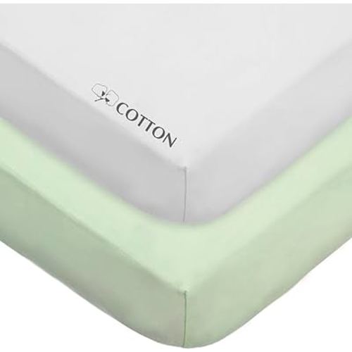 American Baby Company 2 Pack Fitted Crib Sheets 28" x 52", Soft Breathable Neutral 100% Cotton Jersey Sheet, Celery and White, for Boys and Girls, Fits Crib and Toddler Bed mattresses