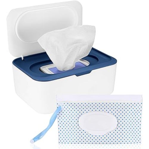 Wet Wipes Dispenser Box, Napkin Storage Holder Container Box, Dustproof Toilet Tissue Paper Box with Lid, Baby Wipes Dispenser for Home Office Desk, with a Mask Storage Organizer Case Box (Blue)