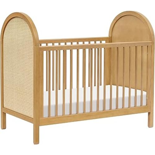 babyletto Bondi Cane 3-in-1 Convertible Crib with Toddler Bed Conversion Kit in Honey with Natural Cane, Greenguard Gold Certified