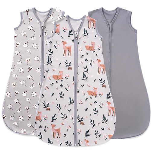 Baby Sleep Sack 0-6 Months, 100% Organic Cotton Wearable Blanket for Babies, 2-Way Zipper TOG 0.5 Lightweight Breathable Baby Sleeping Bag, 4 Sizes-S Cotton&Fawn&Grey