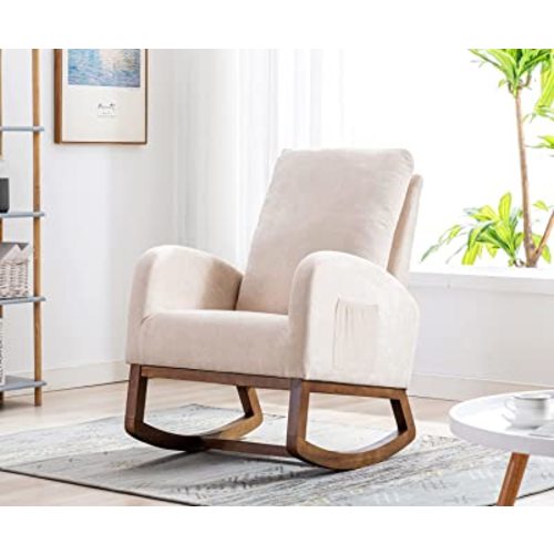 Antetek Modern Accent Rocking Chair, Upholstered Nursery Glider Rocker for Baby and Kids, Comfy Armchair with Side Pocket, Living Room Lounge Arm Chair with High Backrest (Beige)