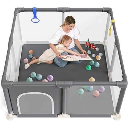 Dripex Baby Playpen, 48"×48" Play Pens for Babies and Toddlers, Safe Anti-Fall Play Yard with Gates, Baby Fence with Breathable Mesh, Indoor & Outdoor Kids Activity Center, Anchor Grey