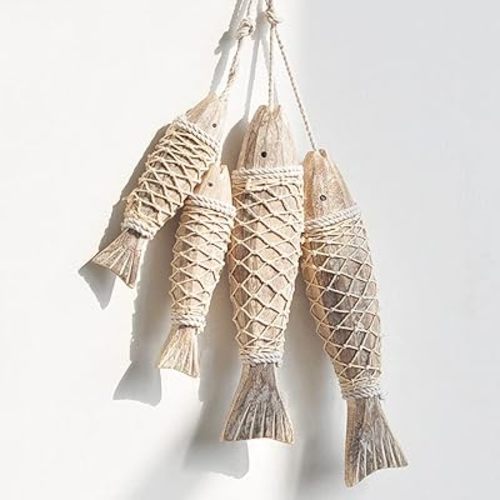 Vintage Wooden Fish Hanging Wood Fish with Fishing Net Decor Hand Carved Nautical Ornaments Home Wall Decor Hanger Gift - Small