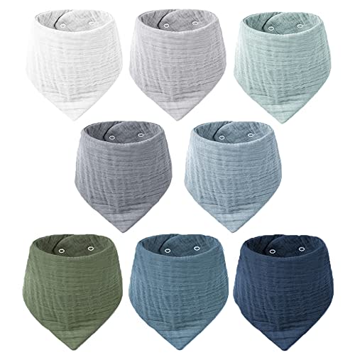 Konssy Muslin Baby Bibs 8 Pack Bandana Drool 100% Cotton for Unisex Baby, Solid Colors Set Teething and Drooling