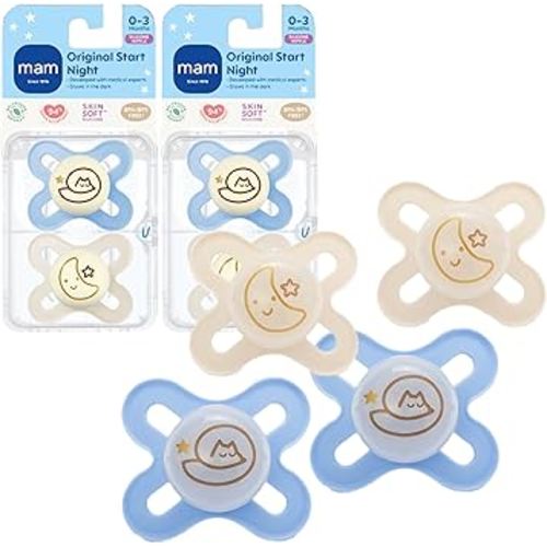 MAM Original Start Night Baby Pacifiers, Binky for 0-3 Months, BPA-Free Silicone Nipple, Easy to Clean, Best for Newborn Babies, Developed with Medical Experts, 4 Count Binkies with Sterilizer Case