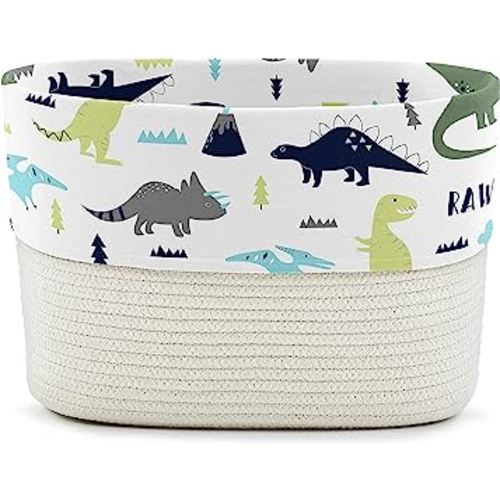 Sweet Jojo Designs Blue Green Modern Dinosaur Boy Woven Storage Basket Decorative Cotton Rope Lined Bin Baby Nursery Kids Bedroom Toy Closet Shelf Organizer Turquoise Mod Dino Boho Bohemian Grey White