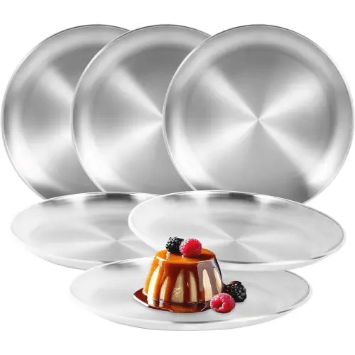 18/8 Stainless Steel Kids Plates Set of 6, 9-inch Thickened Toddlers Adults Dinner Plates, Non Toxic Metal Dishes Food Tray for Eating/Serving/Camping/Snack, Shatterproof & Dishwasher Safe