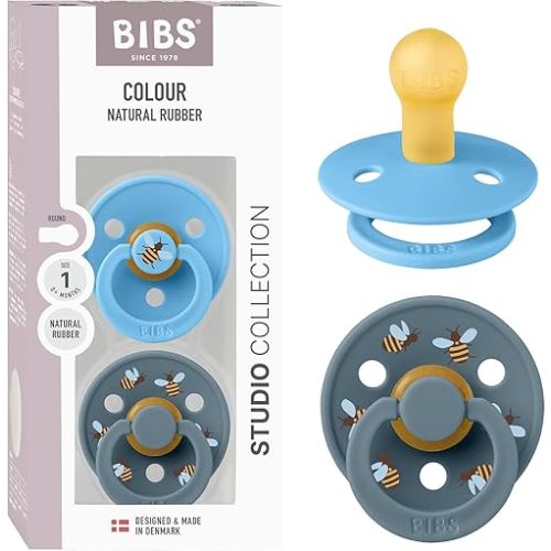 BIBS Colour Studio Soother 2-Pack, BPA Free Dummy Pacifier, Round Nipple. Natural Rubber Latex, Made in Denmark, Size 1 (0-6 Months), Breeze/Petrol