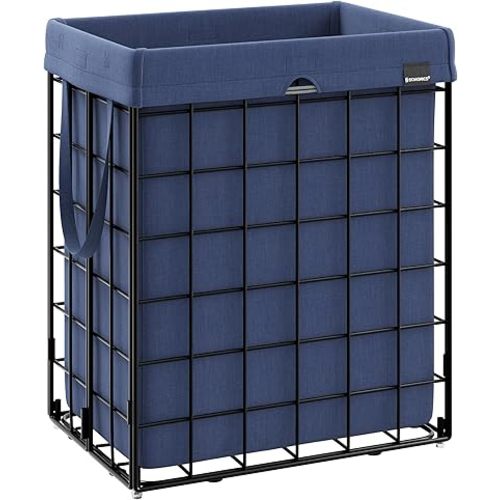 SONGMICS Laundry Hamper, 23.8 Gal. (90L) Laundry Basket, Collapsible Clothes Hamper, Removable and Washable Liner, Metal Wire Frame, for Bedroom Bathroom, Black and Charcoal Blue ULCB190Q01