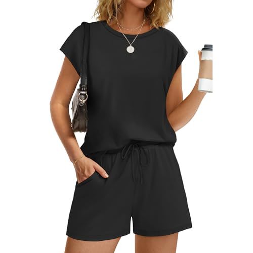 WIHOLL Two Piece Sets for Women Summer Crew Neck Lounge Short Sets Cap Sleeve Drawstring Sweatsuit with Pocket