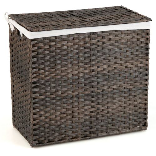 Costway 110L 3-Section Laundry Hamper w/Lid&Handle PE Rattan Clothes Hamper w/Liner Bag