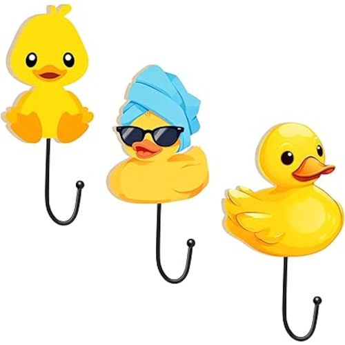 Kathfly 3 Pcs Rubber Duck Coat Hooks Wooden Large Yellow Duck Hat Hooks Wall-Mounted Decorative Wall Hanger for Home Bedroom Bathroom Decor Hanging Coats Bags Towels