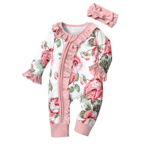 Infant Newborn Baby Girl Clothes Onesies for Baby Girl Long Sleeve Ruffle Baby Clothes with Headband Baby Clothes for Girls