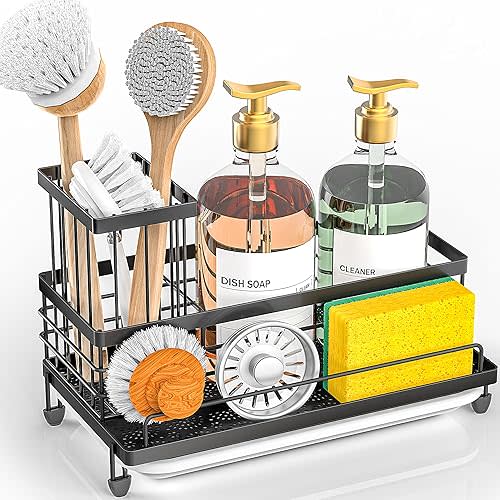Cisily Kitchen Sink Caddy Organizer, Rustproof Non-Slip Soap Dish Dispenser Brush, Sponge Holder for Kitchen Sink, Kitchen Organization and Storage, Home Essentials Accessories(Matte Black)