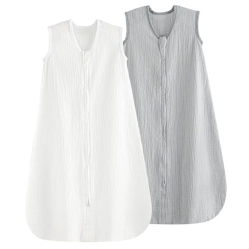 PHF 100% Muslin Cotton Baby Sleep Sacks, 0-6 Months Sleep Sack with 2-Way Zipper, 2 Pack Cooling Unisex 0.5 TOG Breathable Small Size Sleeveless Baby Wearable Blanket, White & Grey
