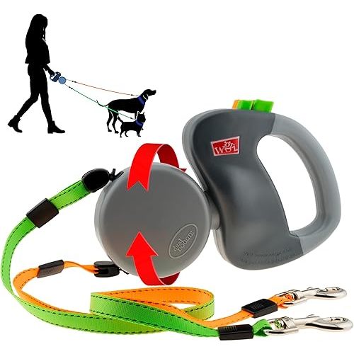 WIGZI - 2025 Enhanced Edition - Dual (2) Dog Retractable Leash, Auto-Untangles, Supports Up To 50lb Dogs, 10ft Distance Each Dog, Color-Coded Control, Reflective Leads, Waterproof, Gray Color